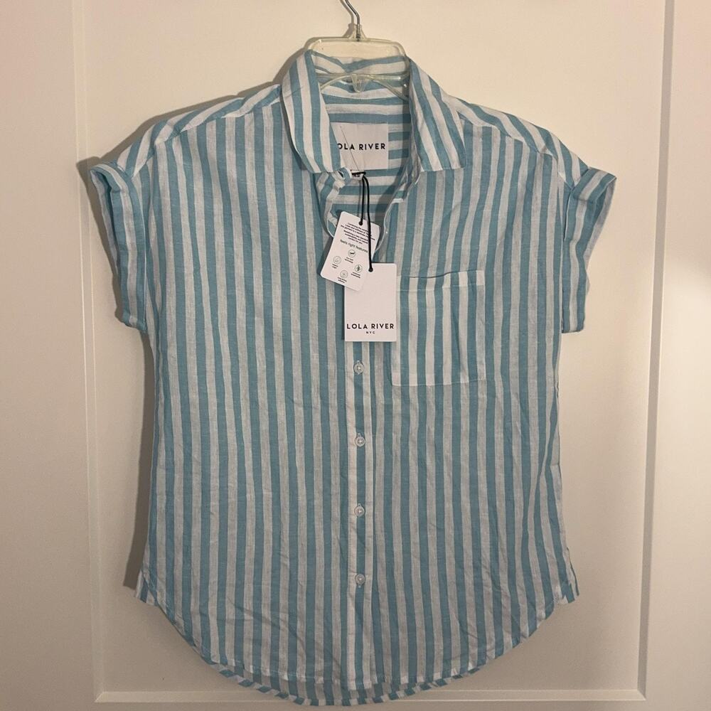 Lola River Chloe Shirt XS Retro Blue Stripe Linen Tencel Button Up Resort vaca